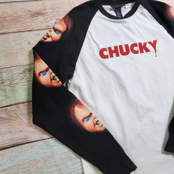 Chucky H&M Unisex Size XS Long Sleeve Raglan T Shirt White Black New - Picture 8 of 11